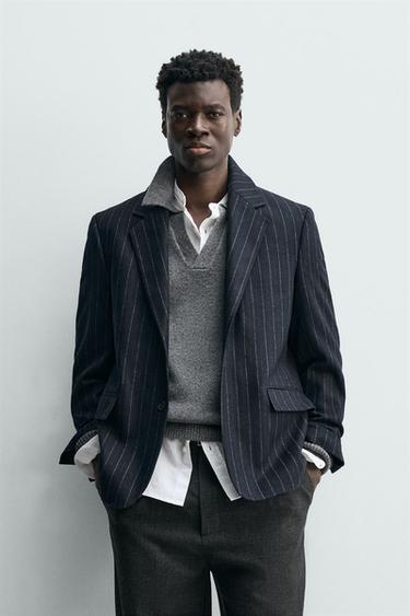 ФЛАНЕЛЕВЫЙ БЛЕЙЗЕР В ПОЛОСКУ — МОРСКОЙ СИНИЙ от Zara