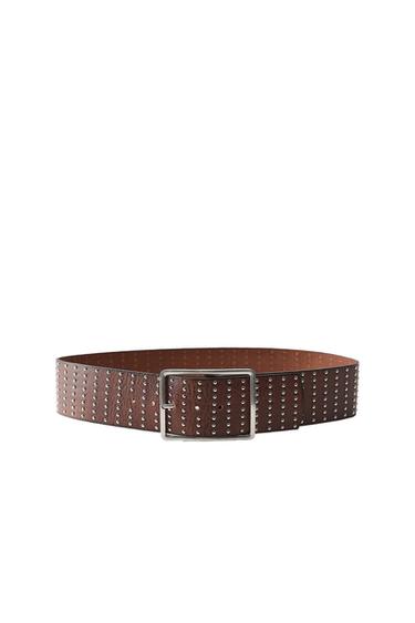 Front view of a brown belt with silver studs and a square buckle.