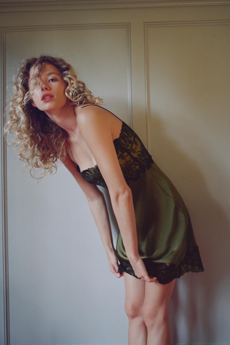 SATIN MIDI DRESS WITH LACE Green ZARA Spain - Main Image