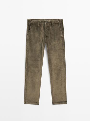 Zara Relaxed fit corduroy denim-effect trousers - Khaki