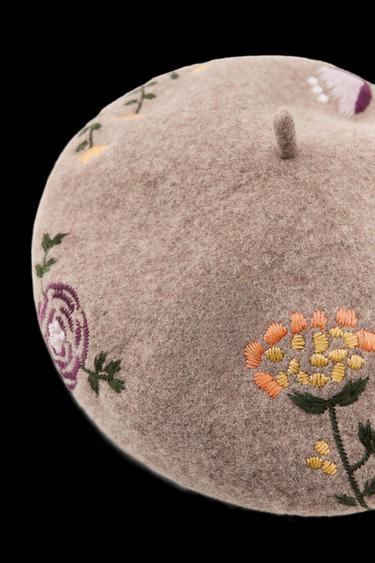 Zara 100% WOOL FLORAL EMBROIDERED BERET - taupe brown