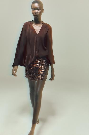 MINISSAIA DE LANTEJOULAS - Preto / Marrom da Zara
