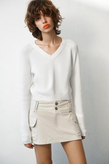 PULL EN MAILLE COL EN V - Blanc de Zara
