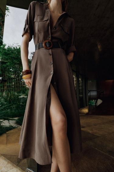 FLOWING SHIRT DRESS WITH BELT - Brown by Zara - Image 1
