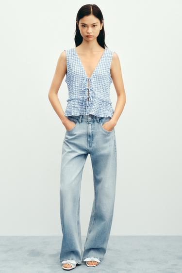 GINGHAM TOP - Light blue by Zara