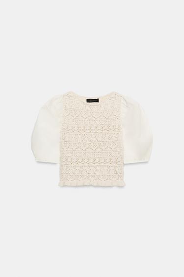 PULOVËR KOMBINIM ME THURJE MËNGË TË FRYRA - Ngjyrë natyrale nga Zara - Imazh 0