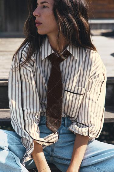 STRIPED CONTRAST PIPING SHIRT — Brown / White 2
