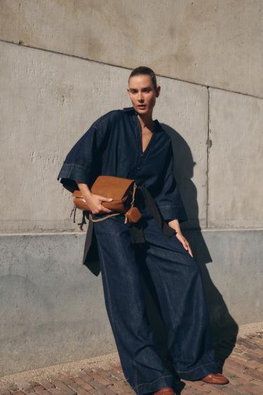 WIDE-LEG DENIM-EFFECT TROUSERS - Dark indigo by Zara - Image 0