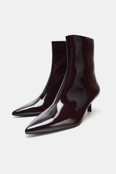 FAUX-PATENT KITTEN HEEL ANKLE BOOTS - Burgundy Red by Zara - Image 4