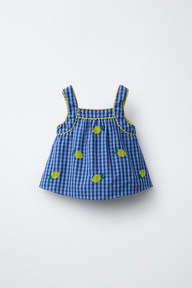 GINGHAM AND EMBROIDERED LEMON TOP CASA LAWA X ZARA KIDS - Bluish by Zara