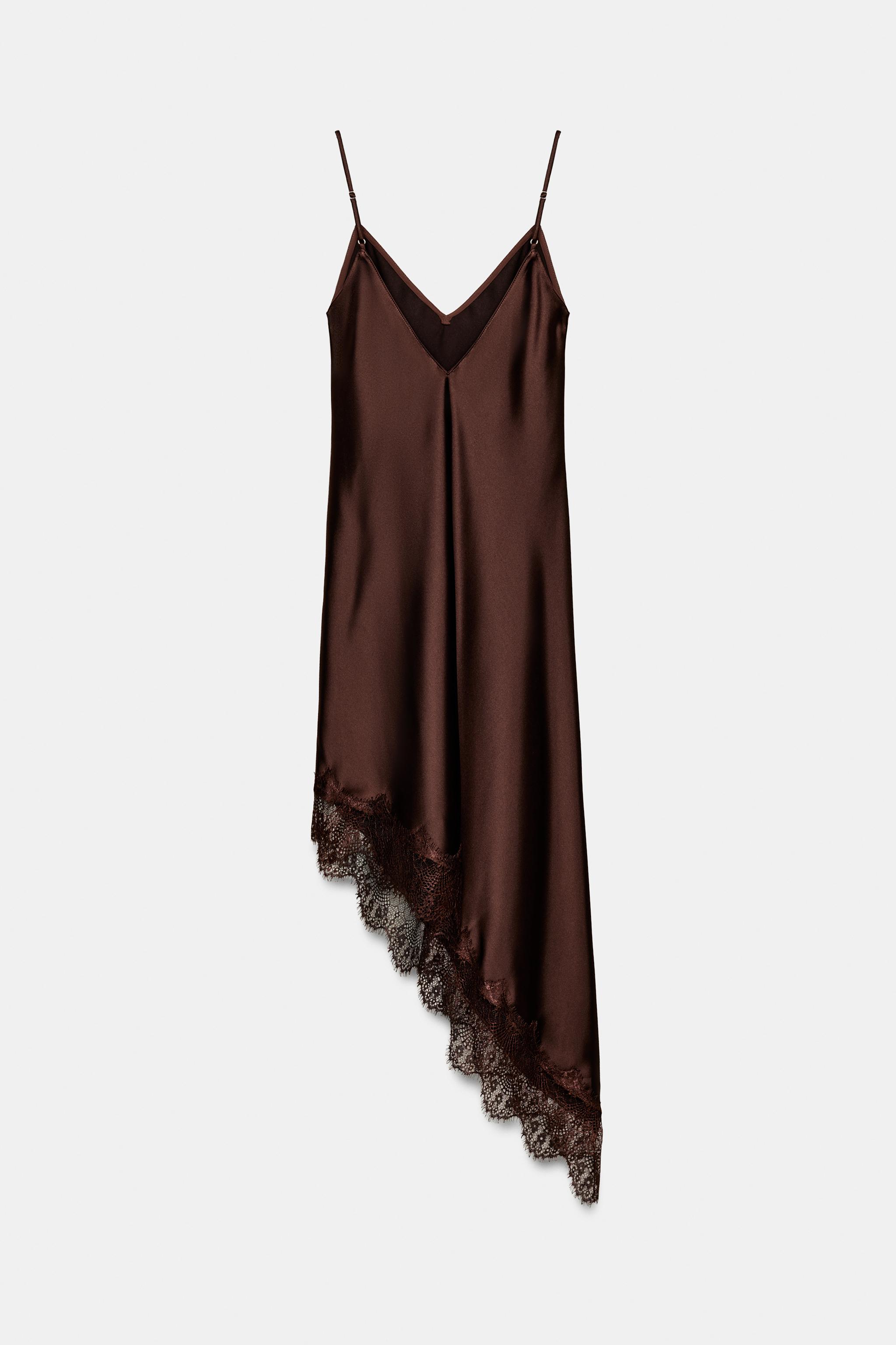 SATIN EFFECT LACE DRESS - Dark mink | ZARA United States