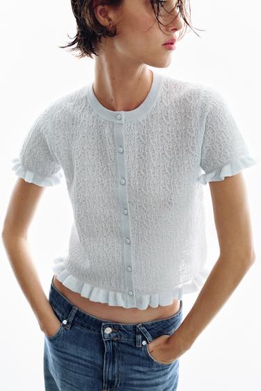 TEXTURED KNIT CARDIGAN WITH RUFFLES - Light blue by Zara