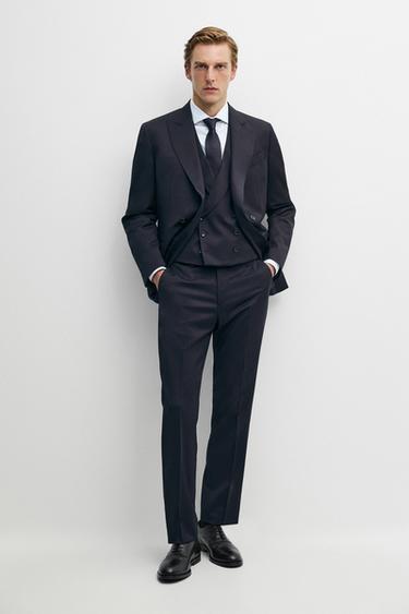 Zara 100% cool wool double-breasted suit blazer - Navy blue - Image 0