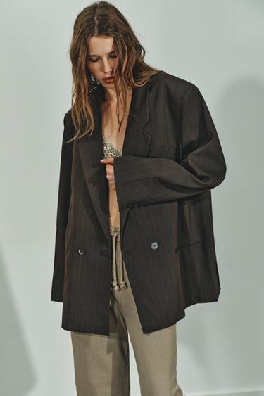 Zara OVERSIZED PINSTRIPE BLAZER - Brown