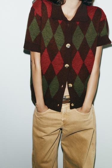 ARGYLE KNIT POLO CARDIGAN - Multicoloured by Zara