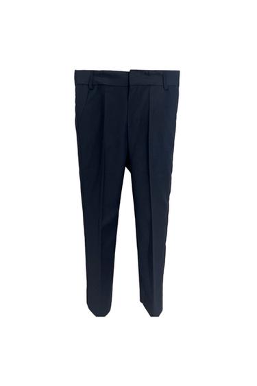 Navy blue straight-cut trousers with belt loops and a front crease on a white background.