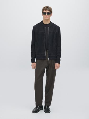 Zara Wool and suede leather blend bomber jacket - Navy blue