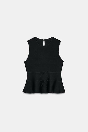 Zara TIE-DETAIL PEPLUM KNIT TOP - Black