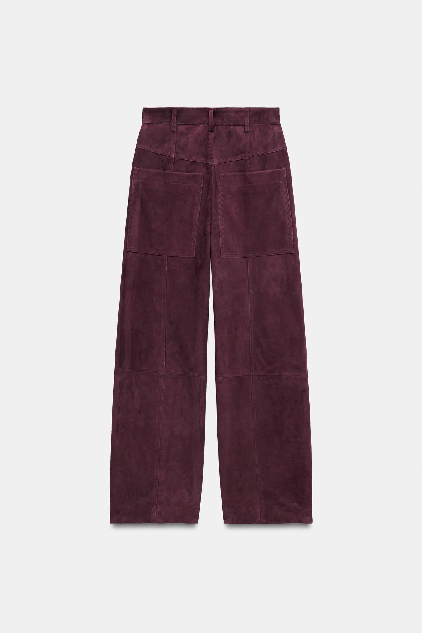 Женские брюки Zara 100% Suede Leather Pants with Pockets ZW Collection, цвет: Тёмно-бордовый — фото 8