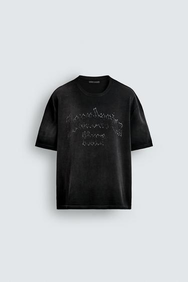T-SHIRT EN MAILLE IMPRIMÉ DÉLAVÉ - Noir de Zara