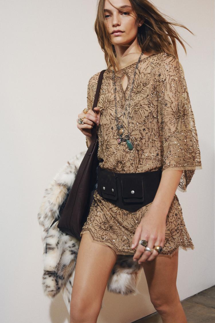 VESTIDO CORTO BORDADOS ZW COLLECTION LIMITED EDITION Dorado