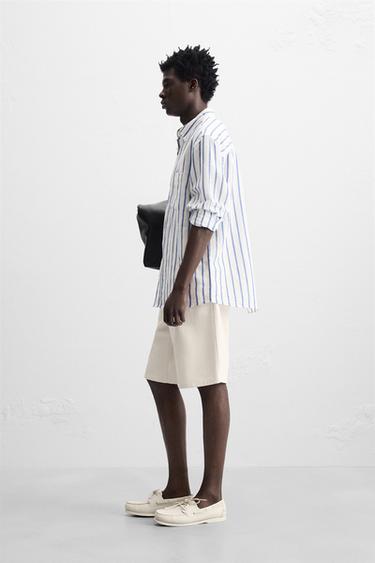 CHEMISE EN LIN ET COTON - Blanc / Bleu marine de Zara - Image 3