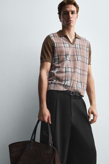POLO EN MAILLE IMPRIMÉ À CARREAUX - Beige foncé de Zara - Image 5
