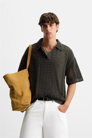 Zara CROCHET TEXTURED POLO SHIRT - Gray green