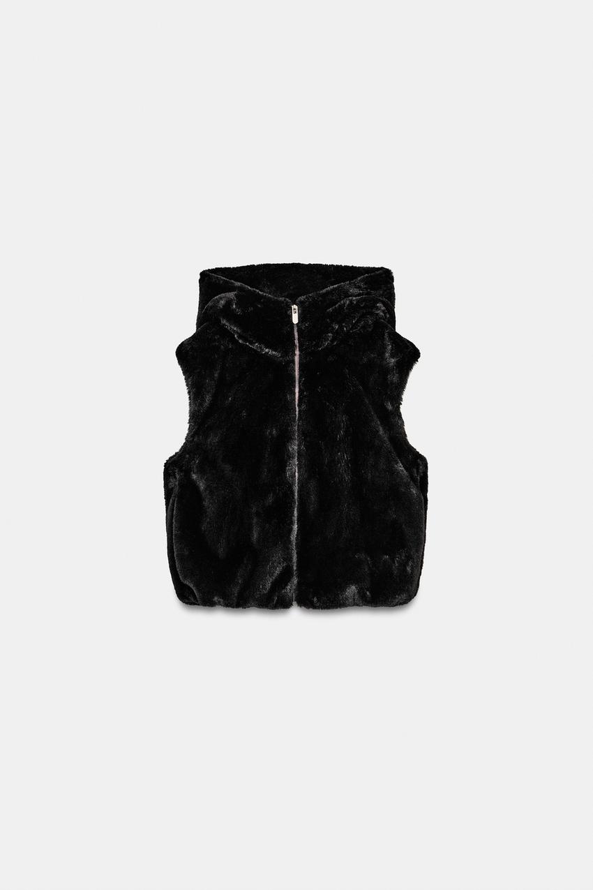 フェイクファー フーデッドベスト - ブラック | ZARA Japan / 日本