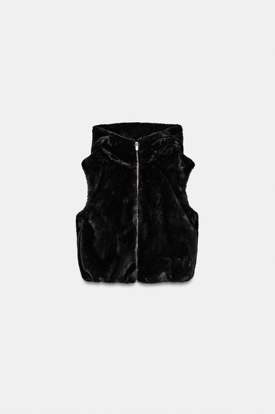 フェイクファー フーデッドベスト - ブラック | ZARA Japan / 日本