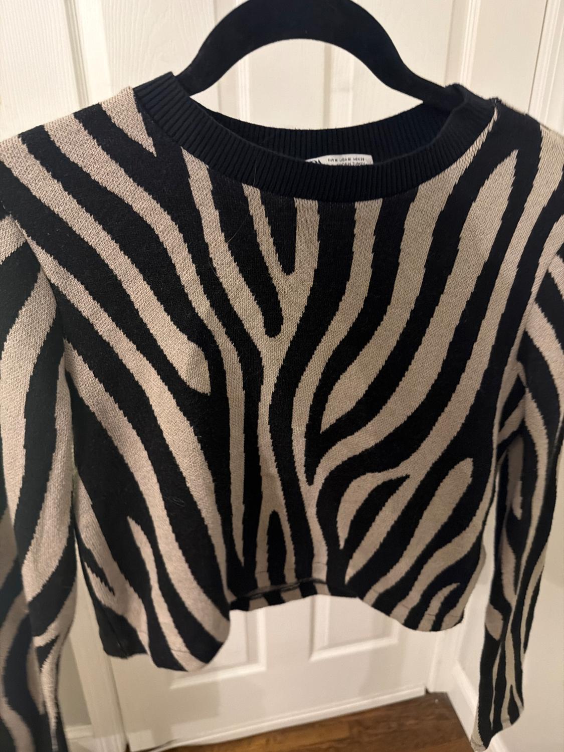 Black and beige striped knit sweater, hanging on a black hanger in front of a white door.