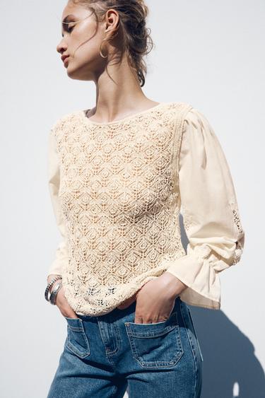 POINTELLE KNIT TOP WITH CONTRAST SLEEVES - Ecru by Zara