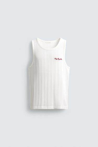 CAMISETA TANK RIB BORDADO - Blanco roto de Zara