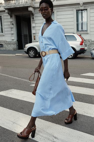 VESTIDO MIDI COM CINTO - Azul / Branco da Zara - Imagem 0
