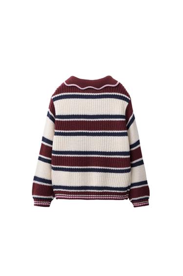 Zara EMBROIDERED STRIPED KNIT POLO SWEATER - Burgundy