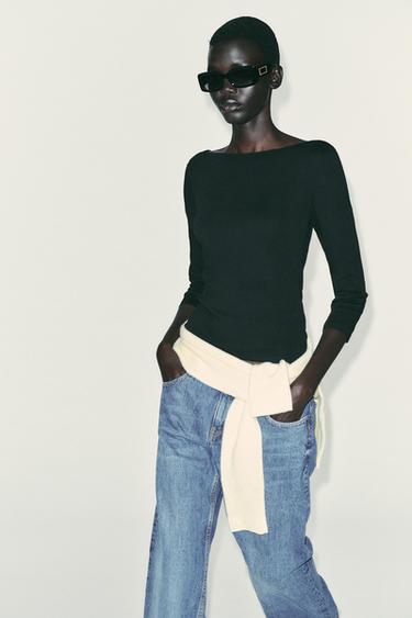 Zara BOAT NECK T-SHIRT - Black
