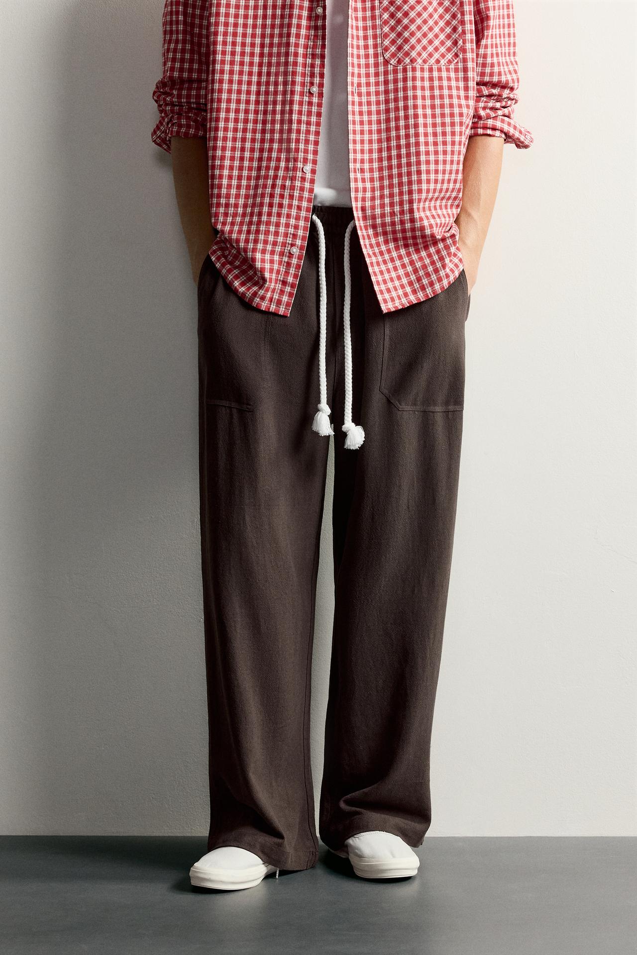 VISCOSE-LINEN RELAXED-FIT PANTS — Brown