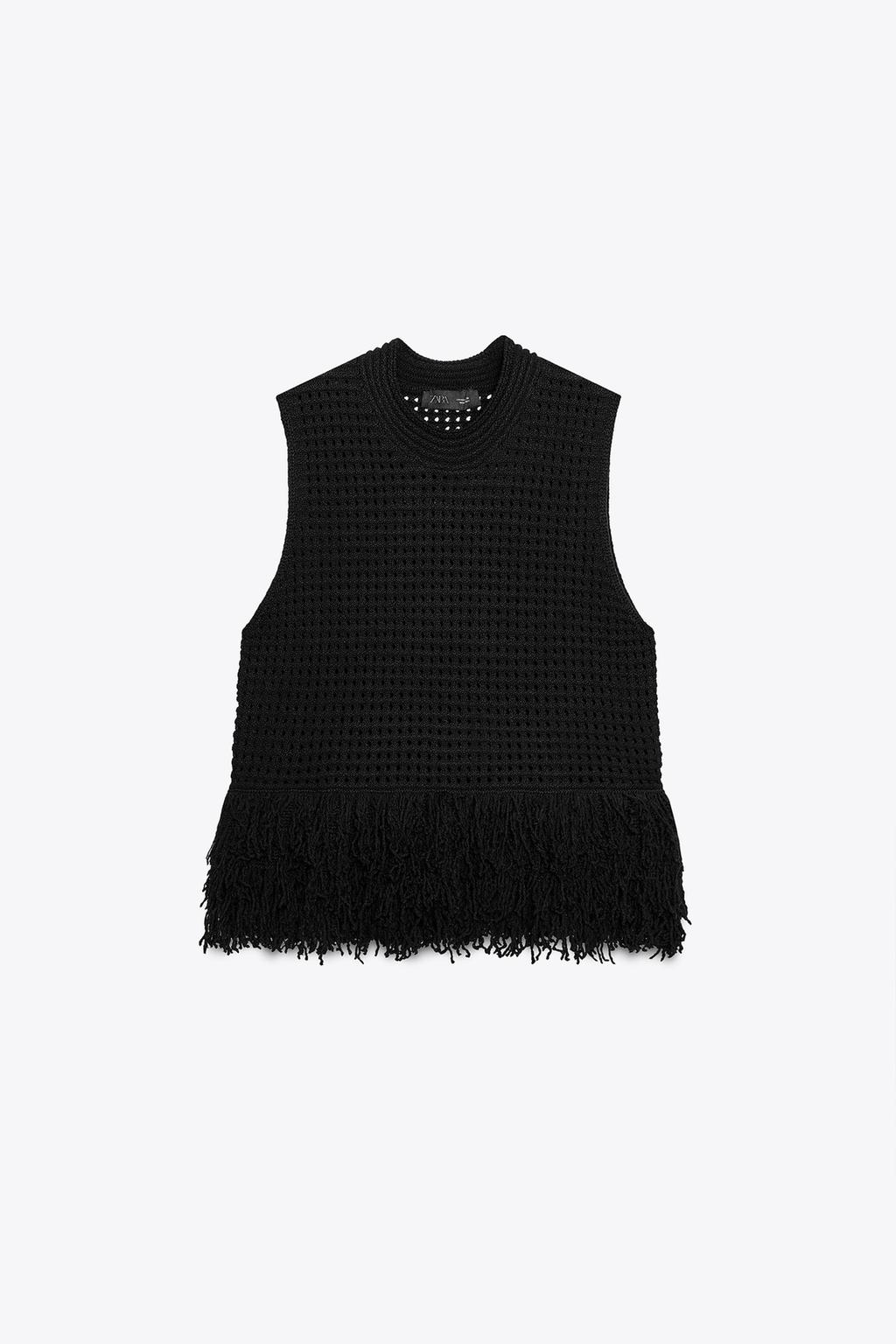 FRINGED CHECK KNIT TOP