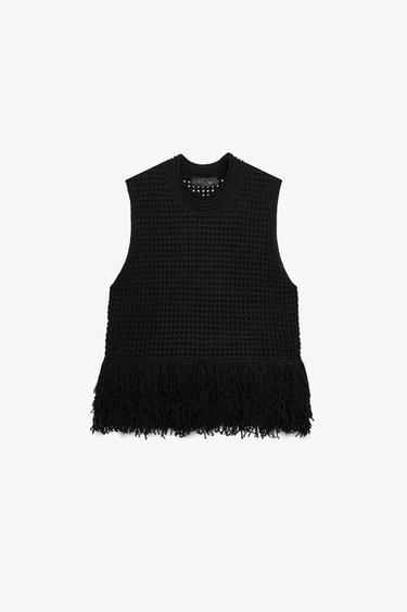 CHECK KNIT TOP WITH FRINGING - Black by Zara - Image 3
