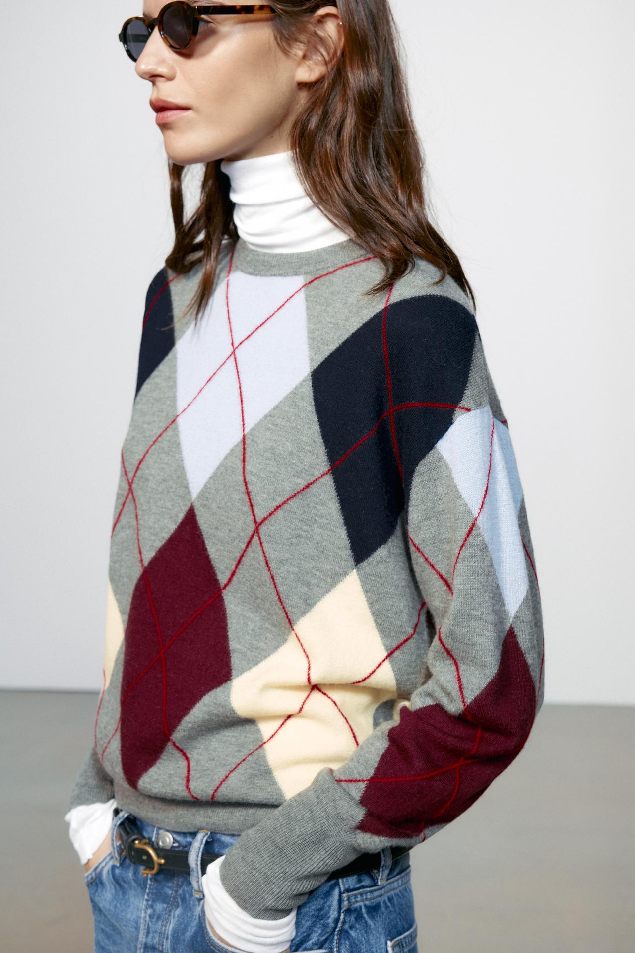 EXTRA-SOFT 100% WOOL ARGYLE SWEATER — Multicolored