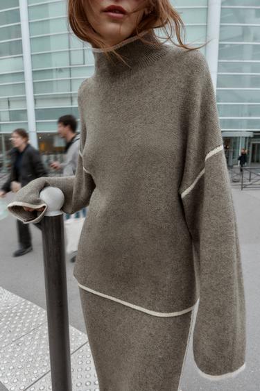 PULL EN MAILLE AVEC LISERÉS EN CONTRASTE - Gris taupe de Zara - Image 4