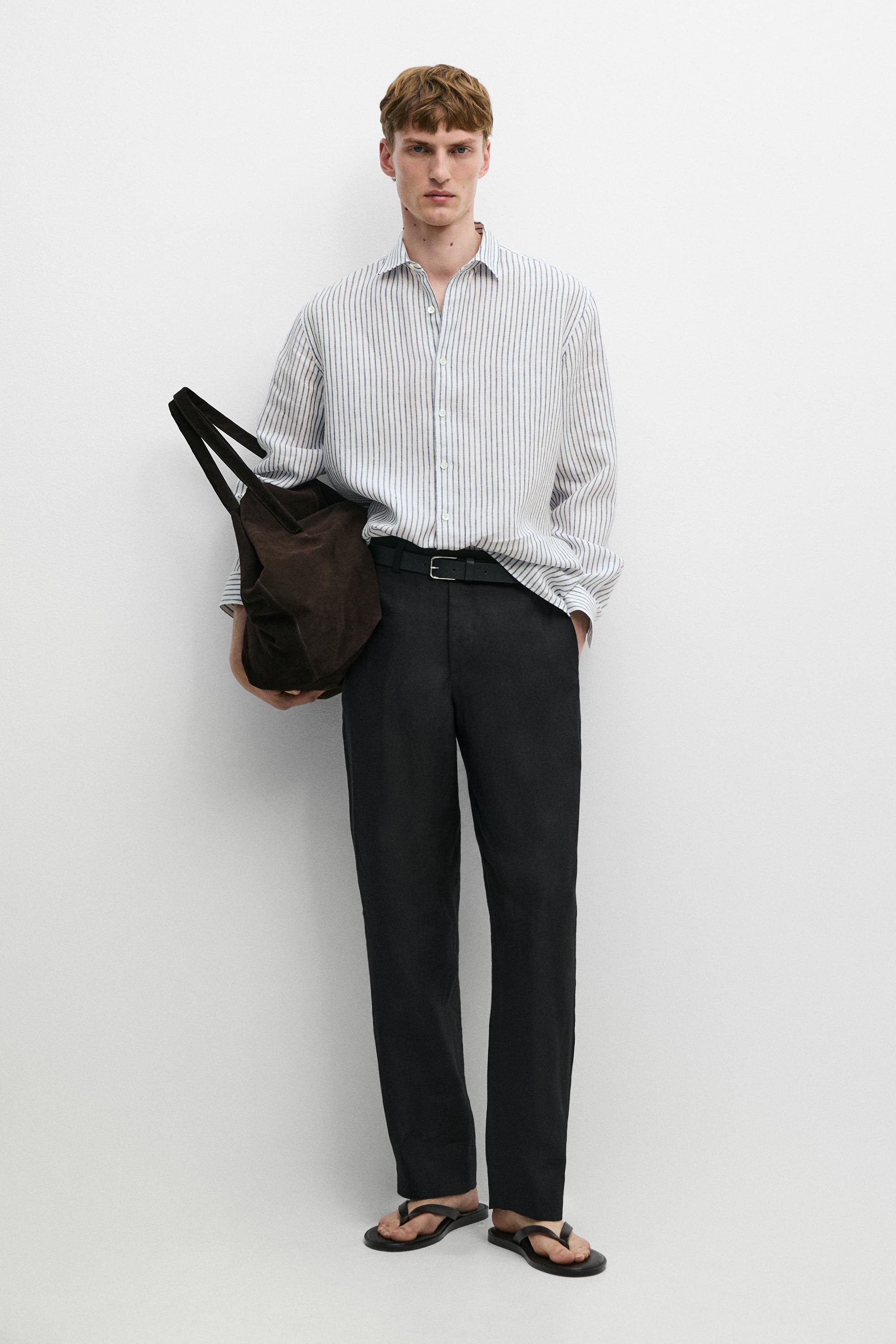 Regular fit 100% linen striped shirt — Navy blue