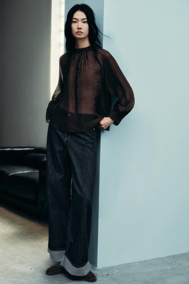 Zara 薄透泡泡袖罩衫 - 棕色 - 圖片 0