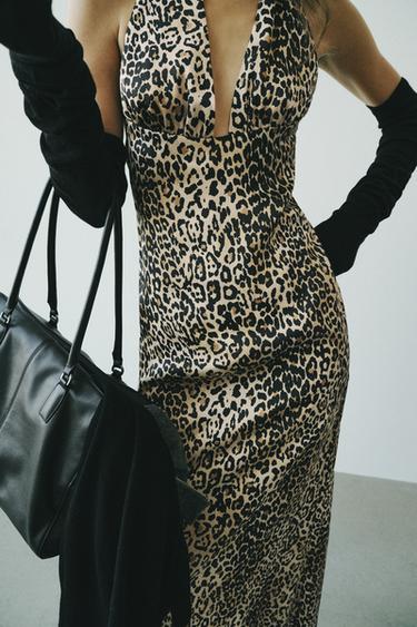 Zara ANIMAL PRINT SATIN HALTER DRESS - Leopard - Image 0
