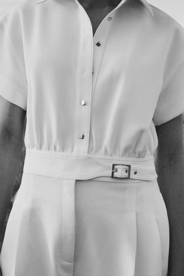Zara CREPE LONG JUMPSUIT WITH WAIST BUCKLE - Ecru
