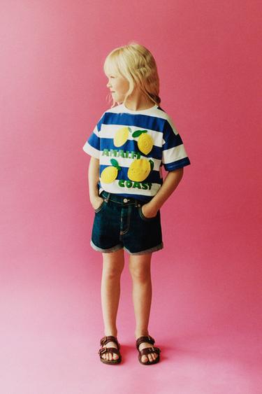 T-SHIRT ÀS RISCAS COM REMENDOS DE FRUTAS - Azulão da Zara