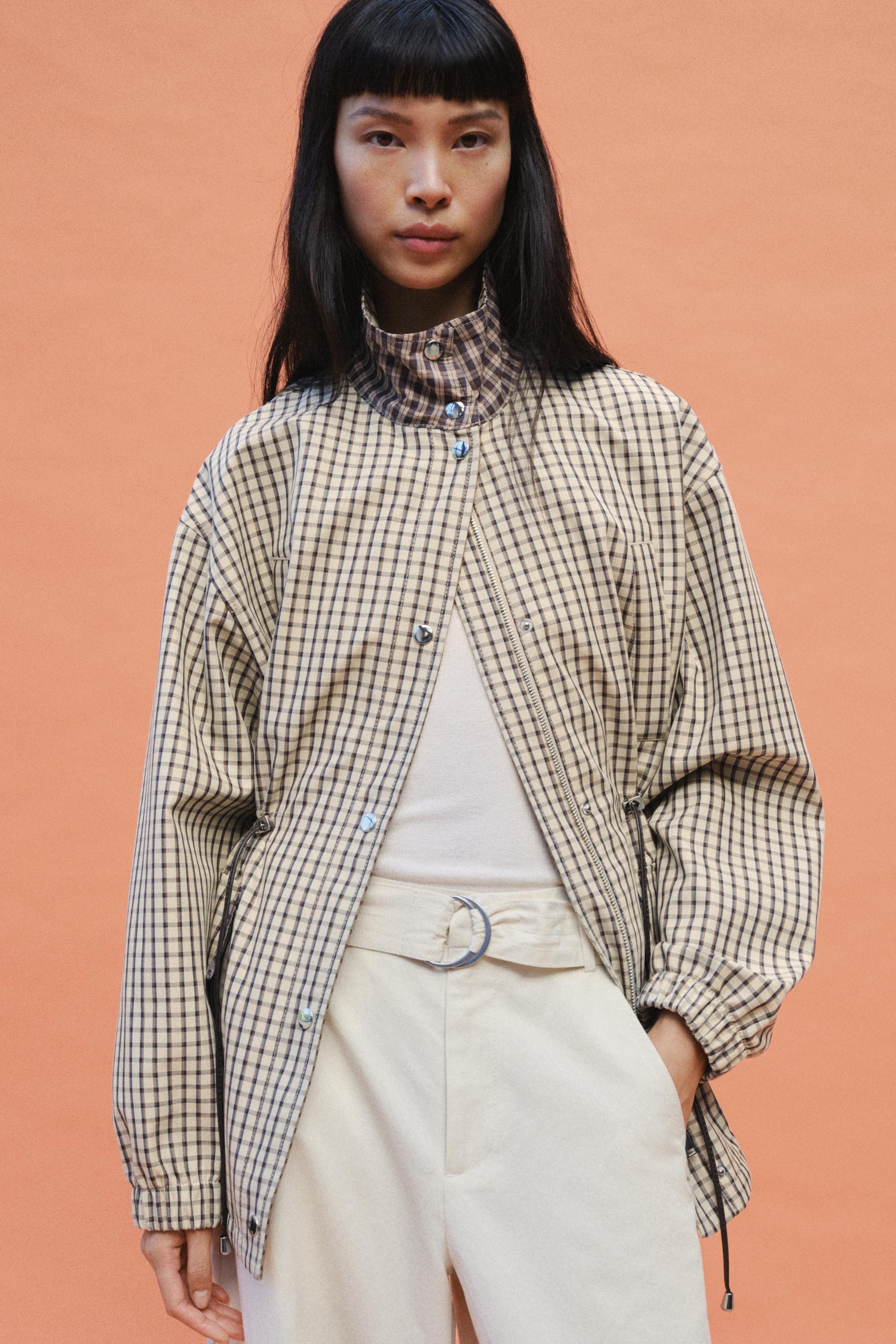 チェック柄ハイネックジャケット - オフホワイト | ZARA Japan / 日本