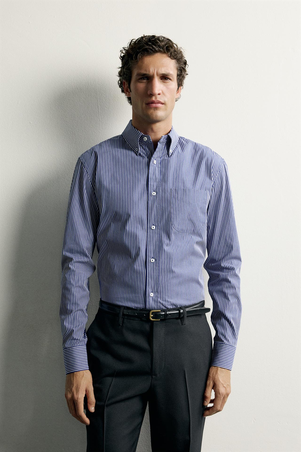 COTTON REGULAR FIT SHIRT — Blue / White