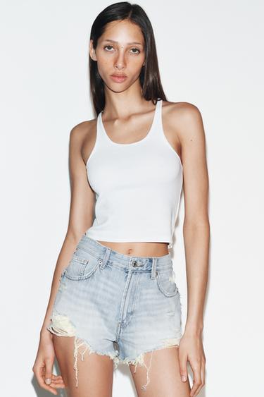 TRF HIGH-WAIST RIPPED DENIM SHORTS - Mid-blue by Zara