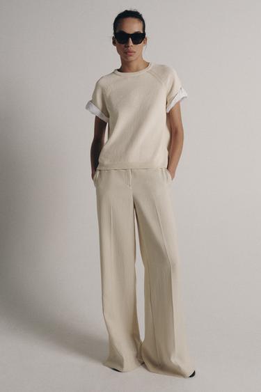 Zara COMBINED TURN-UP SLEEVE KNIT JUMPER - Ecru - Image 0